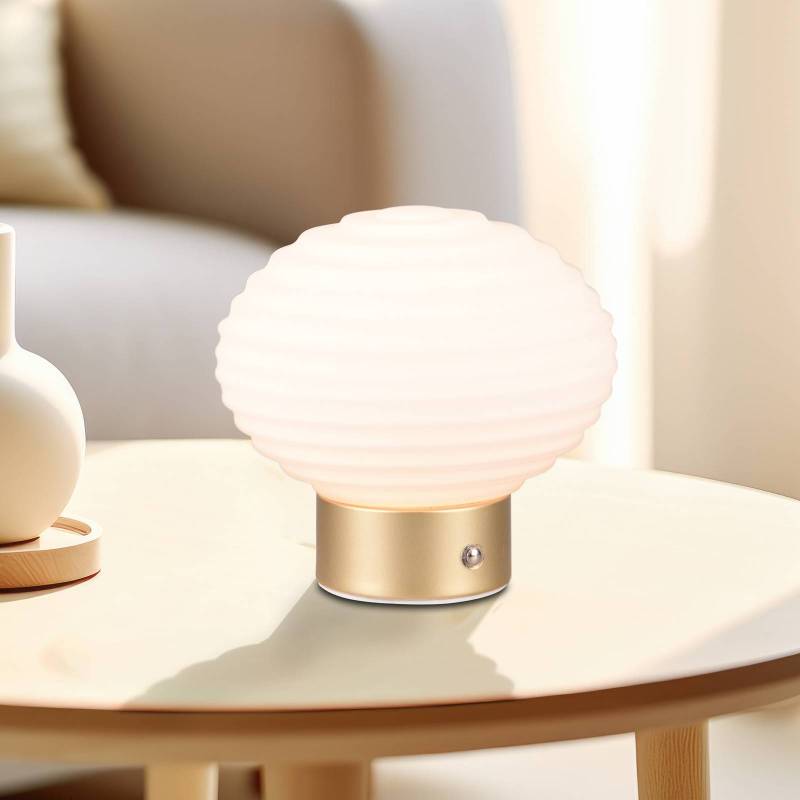 LED-Akku-Tischlampe Earl, messing/opal, Höhe 14,5 cm, Glas von Reality Leuchten