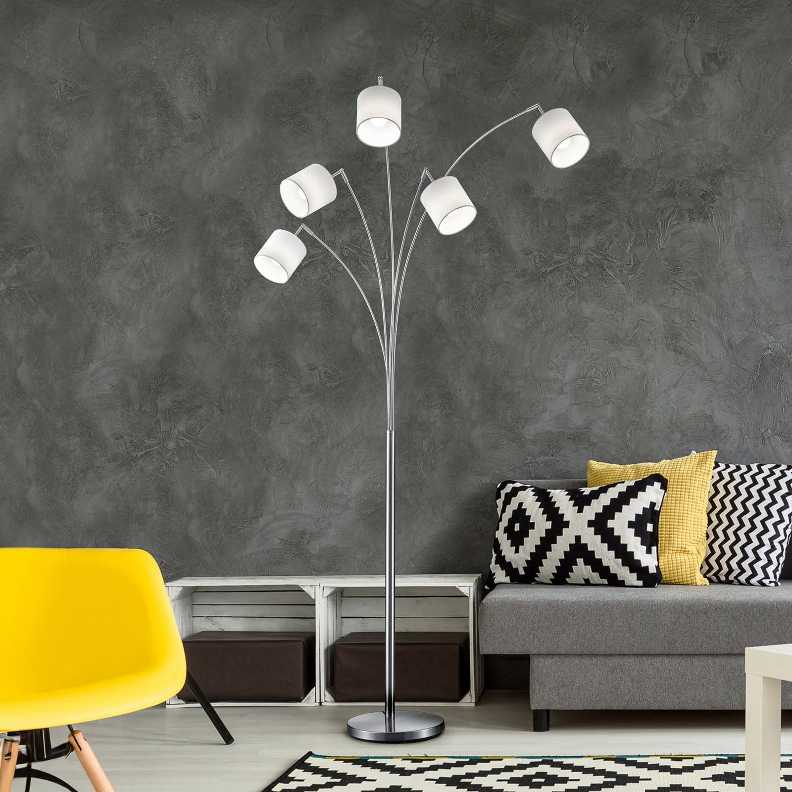 Stehlampe Tommy, nickel/weiß, Höhe 200 cm, 5-flg., Stoff Stehlampe Tommy, nickel/weiß, Höhe 200 cm, 5-flg., Stoff von Reality Leuchten