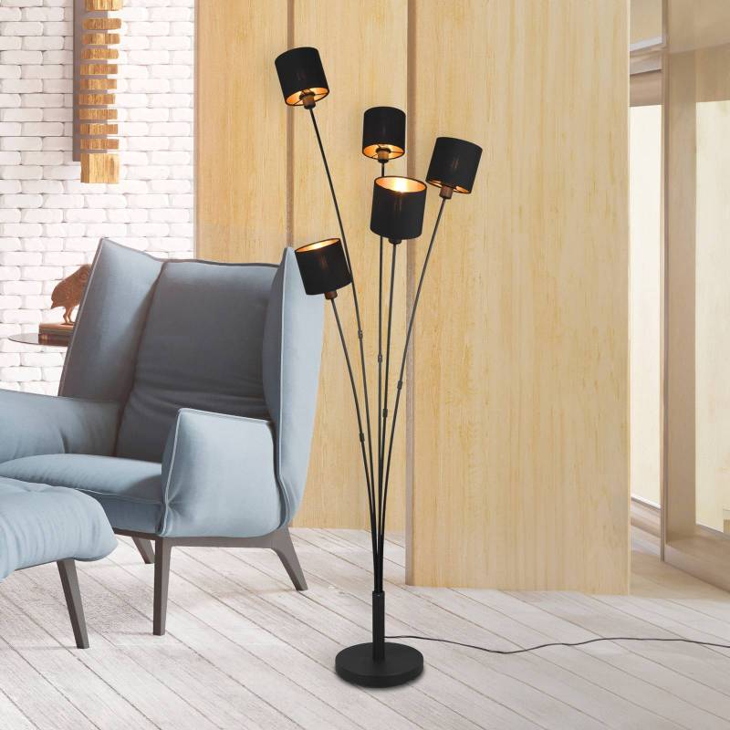 Stehlampe Tommy, schwarz/gold, Höhe 163 cm, 5-flg. Stoff von Reality Leuchten