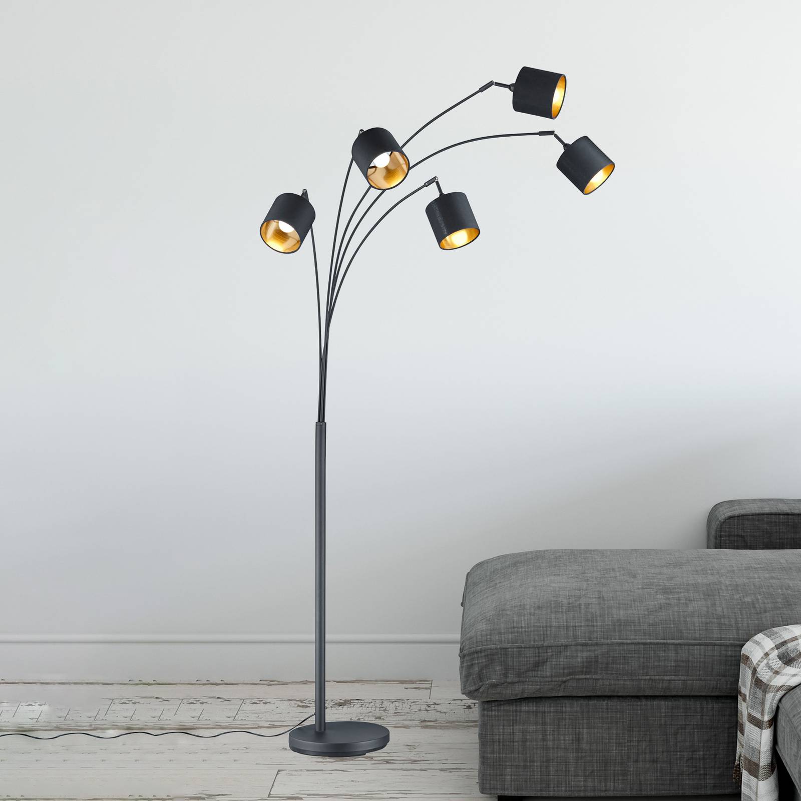 Stehlampe Tommy, schwarz/gold, Höhe 200 cm, 5-flg., Stoff Stehlampe Tommy, schwarz/gold, Höhe 200 cm, 5-flg., Stoff von Reality Leuchten
