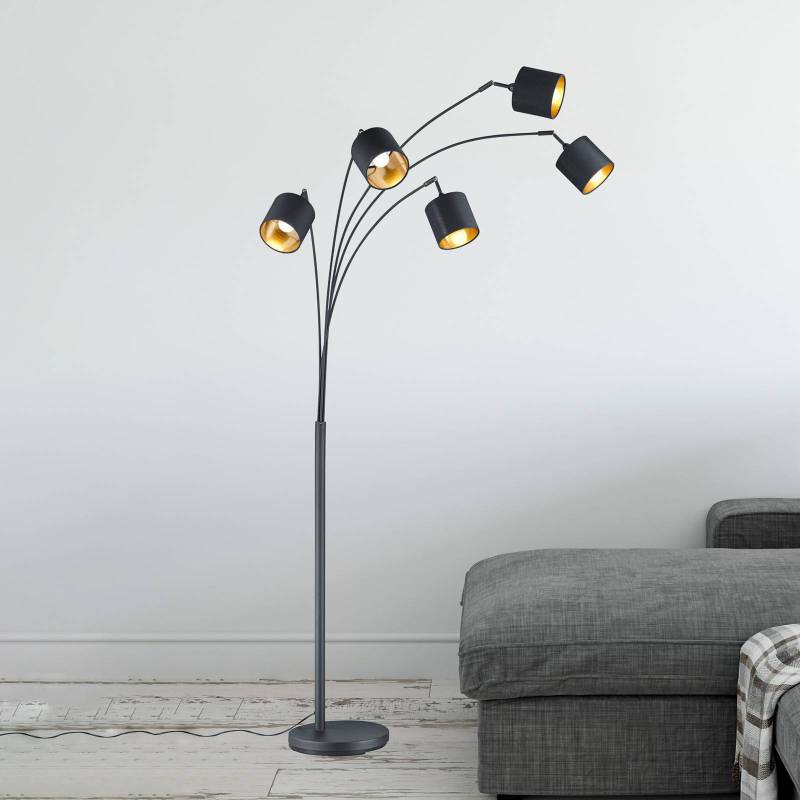 Stehlampe Tommy, schwarz/gold, Höhe 200 cm, 5-flg., Stoff von Reality Leuchten