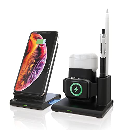 RealPower ChargeAIR Connect Wireless Charger Ladepad, Kabellose 15W QI Ladestation, Kompatibel mit iPhone 14 13 12 Pro Mini Max - Apple AirPods Pro, Apple Watch und Apple Pencil von Realpower