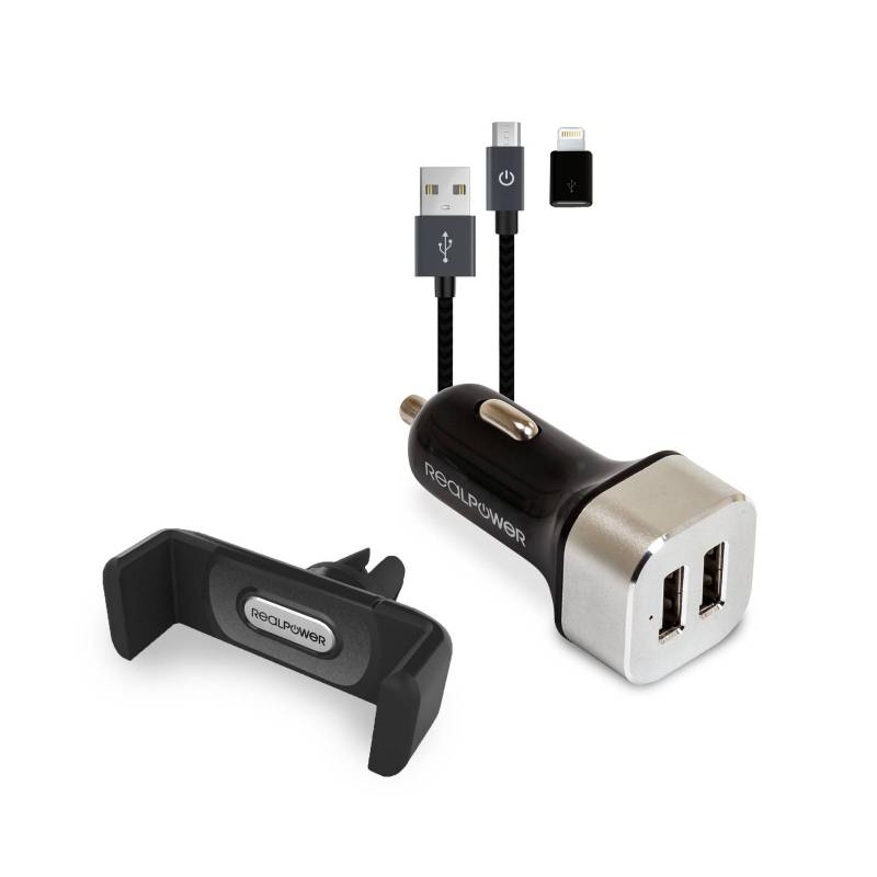RealPower KFZ-Ladegerät Set + Kabel + Halterung Smartphone von Realpower