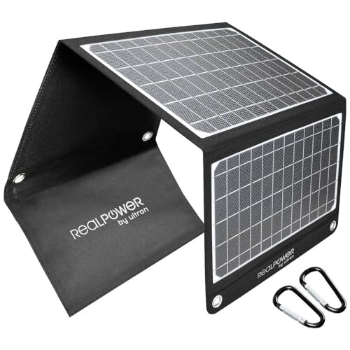 RealPower Solar Ladegerät 22W Faltbares Monokristalline Solarpanel mit USB Anschluss QC 3.0, ETFE wasserdicht, Leicht für Tablet Smartphone Powerbank und Campingreisen von Realpower
