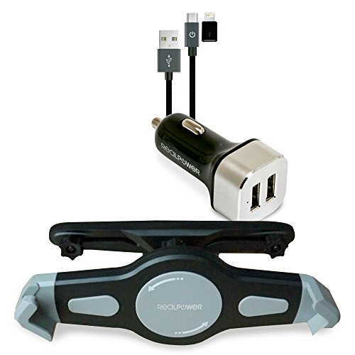 RealPower Tablet Car Set, Tablet-Halterung, 2-Port USB car charger, Micro-USB auf Lightning Adapter, Micro USB Kabel, für Smartphones, Tablets, Powerbanks und weitere, schwarz von Realpower