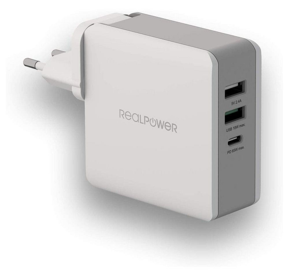 Realpower DeskCharge-65 Travel USB-Ladegerät (3-Port 65W, USB Netzteil, Reiseadapter, USB-C, PD, Rapid Charge) von Realpower