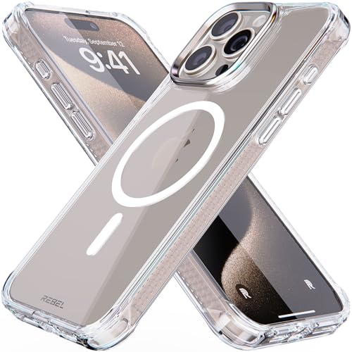 Rebel Clear Case for iPhone 15 Pro Max [Crystal Series Gen-5] Strong MagSafe Compatible, Anti-Scratch, Non-Yellowing, Protective Shockproof Bumpers, Metal Lens & Buttons, 6.7 Inch Phone 2023 (Clear) von Rebel