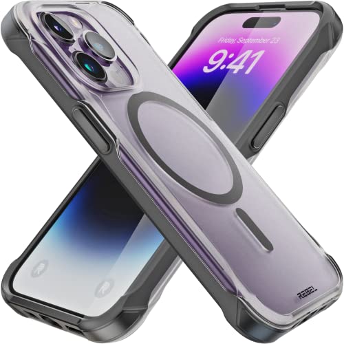 Rebel Phone Clear Case für iPhone 14 Pro [Frosted Series Gen-4] Starke MagSafe-kompatibel, durchscheinend, Matte Textur, schützende Stoßfänger, Metallknöpfe, 6,1 Zoll 2023 Cover (Frosted Black) von Rebel