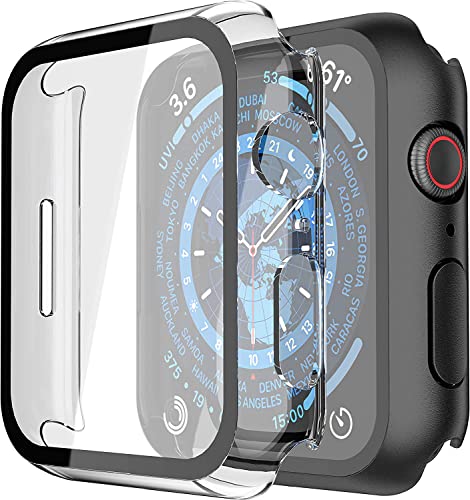 Recata 2 Stück PC-Schutzhülle mit Displayschutz aus Hartglas, kompatibel mit Apple Watch Serie 8 Serie 7, 45 mm, Schutz iWatch, leicht und stoßfest, 1 x Schwarz + 1 x Transparent von Recata
