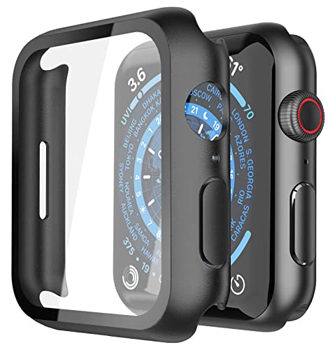 Recata 2 Stück Schwarze PC-Schutzhülle kompatibel mit Apple Watch Serie 8 Serie 7, 41 mm, mit Displayschutz aus Hartglas, HD, klar, ultradünn, stoßfest, Schutz für iWatch von Recata
