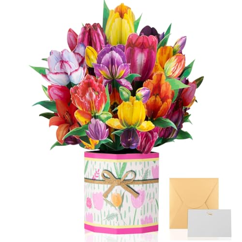 3D Pop Up Karte Blumenstrauß, Pop Up Karte Blumen mit Umschlag Nachrichtenkarten, Popup Karte für Geburtstag Valentinstag Graduierungszeremonie Hochzeiten Muttertag Jahrestag (Tulpe) von Recitem