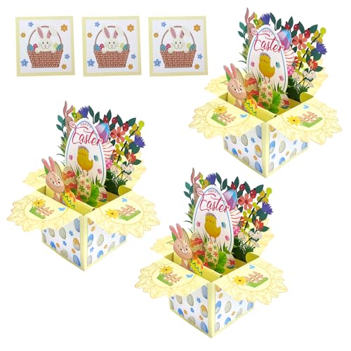Pop Up Karte Ostern, HappyEaster Ostern Korb Karte, Osterkarten, Lustige 3D Osterkarte als Geldgeschenk oder Gutschein für Kinder Familie und Freunde, Handgemachte Pop Up mit Umschlag (3 Set) von Recitem