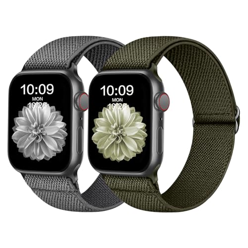 Recoppa Elastisch Armband Kompatibel mit Apple Watch 41mm, Dehnbar Verstellbar Solo Loop Nylon Stoff Armband für Apple Watch Series 8 SE 7 6 5 4 3 2 1, Grün/Dunkelgrau von Recoppa
