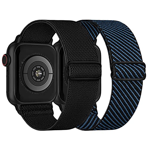 Elastisch Armband Kompatibel mit Apple Watch Armband 41mm 40mm 38mm, Dehnbar Verstellbar Solo Loop Nylon Stoff Armband für Apple Watch Series 8 SE 7 6 5 4 3 2 1, Schwarz/Blaustreifen von Recoppa