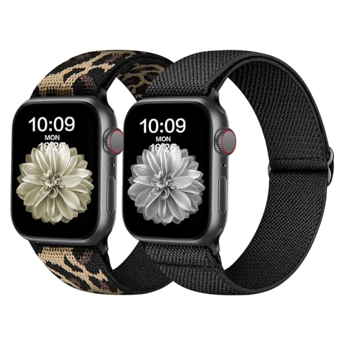 Elastisch Armband Kompatibel mit Apple Watch Armband 41mm 40mm 38mm, Dehnbar Verstellbar Solo Loop Nylon Stoff Armband für Apple Watch Series 8 SE 7 6 5 4 3 2 1, Schwarz/Leopard von Recoppa