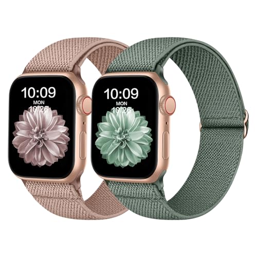 Elastisch Armband Kompatibel mit Apple Watch Armband 49mm 45mm 44mm 42mm, Dehnbar Verstellbar Solo Loop Nylon Stoff Armband für Apple Watch Ultra, Series 8 SE 7 6 5 4 3 2 1, Altrosa/Altgrün von Recoppa