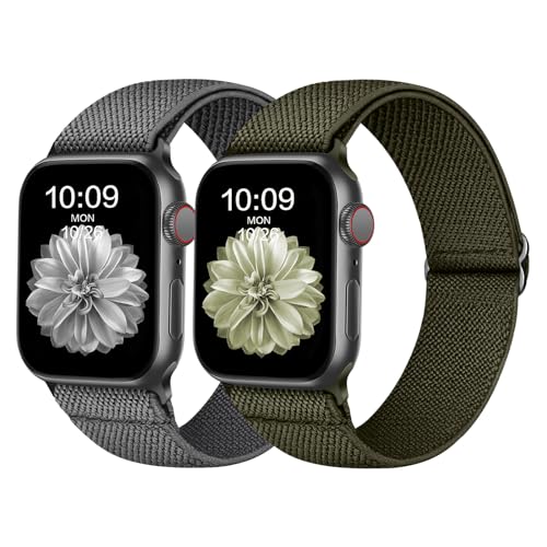 Elastisch Armband Kompatibel mit Apple Watch Armband 49mm 45mm 44mm 42mm, Dehnbar Verstellbar Solo Loop Nylon Stoff Armband für Apple Watch Ultra, Series 8 SE 7 6 5 4 3 2 1, Grün/Dunkelgrau von Recoppa