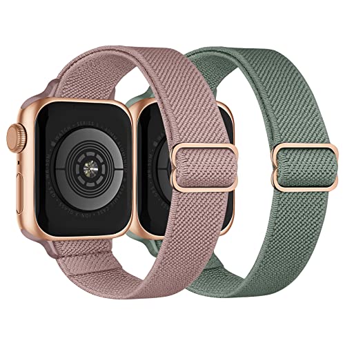 Schlank Elastisch Armband Kompatibel mit Apple Watch 45mm 44mm 42mm, Dehnbar Verstellbar Nylon Armband für iWatch 9 8 SE 7 6 5 4 3 2 1, Schlank Altrosa/Altgrün von Recoppa