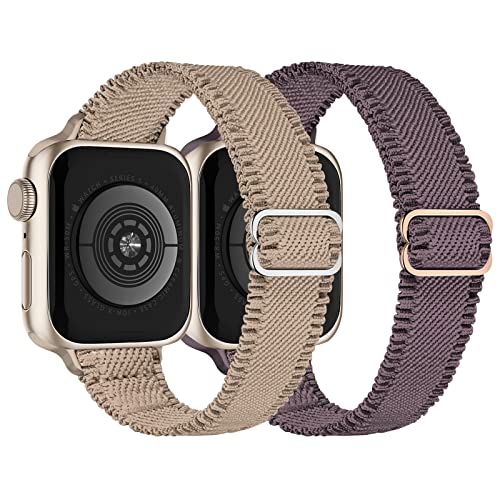 Schlank Elastisch Armband mit Spitzenmuster Kompatibel mit Apple Watch 41mm 40mm 38mm, Dehnbar Verstellbar Nylon Armband für iWatch 9 8 SE 7 6 5 4 3 2 1, Rauchlila/Milchtee von Recoppa