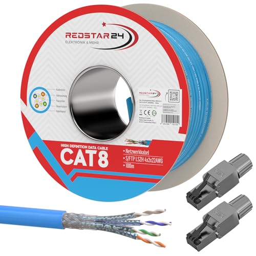 100m Cat 8 Verlegekabel + 2x RJ45 Stecker Werkzeuglos CAT8 Kabel Installationskabel Lan CAT8.1 Ethernet Netzwerk 2000MHz Datenkabel AWG22/1 Netzwerkkabel bis zu 40 Gbit/s Übertragungsgeschwindigkeit von RedStar24