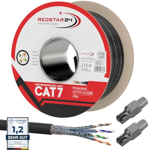 100m Cat7 Erdkabel Verlegekabel + 2x RJ45 Stecker Werkzeuglos CAT 8 Outdoor Lan Kabel Installationskabel CAT 7 Ethernet Netzwerk 1000MHz Datenkabel AWG23/1 Netzwerkkabel für Außenbereich UV-beständig von RedStar24