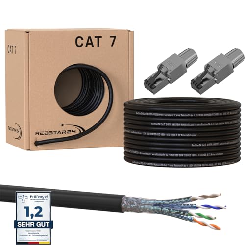 50m Cat7 Erdkabel Verlegekabel + 2x RJ45 Stecker Werkzeuglos CAT 8 Outdoor Lan Kabel Installationskabel CAT 7 Ethernet Netzwerk 1000MHz Datenkabel AWG23/1 Netzwerkkabel für Außenbereich UV-beständig von RedStar24