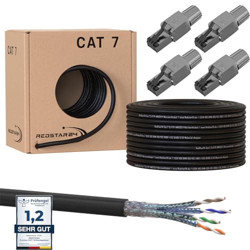 50m Cat7 Erdkabel Verlegekabel + 4x RJ45 Stecker Werkzeuglos CAT 8 Outdoor Lan Kabel Installationskabel CAT 7 Ethernet Netzwerk 1000MHz Datenkabel AWG23/1 Netzwerkkabel für Außenbereich UV-beständig von RedStar24