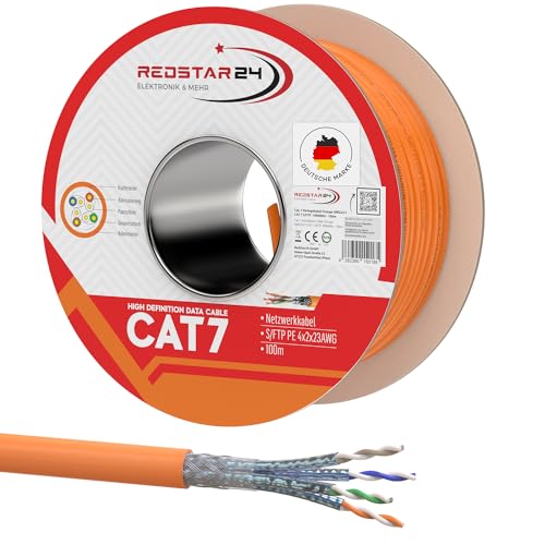 RedStar24 CAT 7 Verlegekabel 100m Netzwerkkabel Datenkabel LAN CAT7 Kabel Kupfer Installationskabel CAT.7 Gigabit S/FTP Kat.7 Halogenfrei PIMF POE 10Gbit Netzwerk Verkabelung Ethernet Simplex von RedStar24