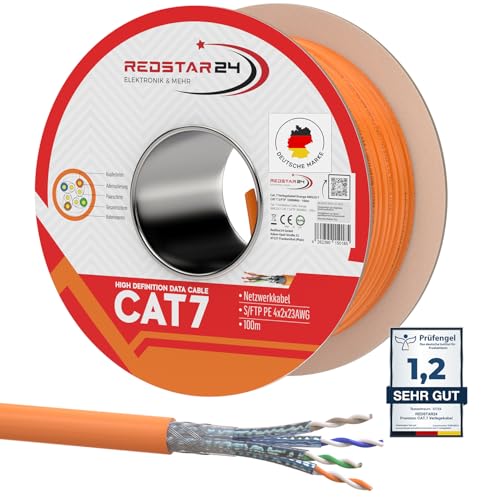 RedStar24 CAT 7 Verlegekabel 100m Netzwerkkabel Datenkabel LAN CAT7 Kabel Kupfer Installationskabel CAT.7 Gigabit S/FTP Kat.7 Halogenfrei PIMF POE 10Gbit Netzwerk Verkabelung Ethernet Simplex von RedStar24