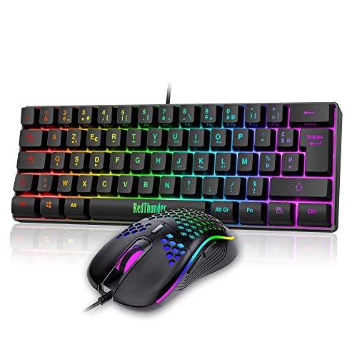 RedThunder 60 % Set mit Tastatur und Maus, 2-in-1, französische AZERTY, Mini-Tastatur, ultra-kompakt, mit Hintergrundbeleuchtung RGB 62 Tasten, 6 Tasten, 7200 DPI für PC Mac PS5 Xbox Gamer von RedThunder