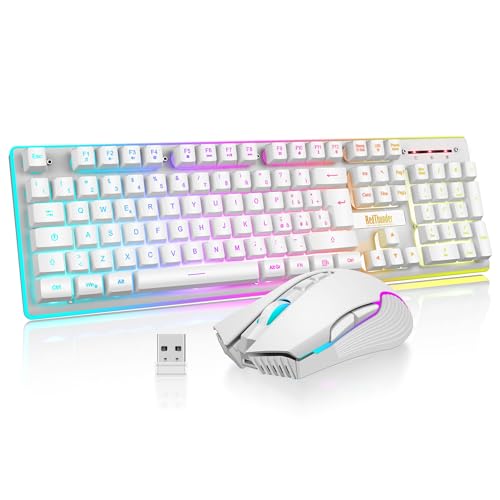 RedThunder K10 Kabellose Gaming-Tastatur und -Maus, LED-Hintergrundbeleuchtung, wiederaufladbarer Akku mit 3800 mAh, mechanisches Gefühl, Anti-Ghosting + 7D-Maus, 3200 DPI, IT-Layout, PC-Spieler, weiß von RedThunder