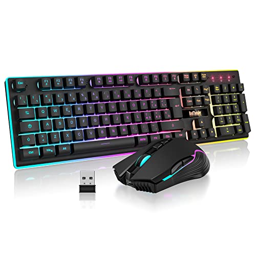 RedThunder K10 Combo Gaming-Tastatur, kabellos, IT-Layout, wiederaufladbarer Akku mit 3000 mAh und LED-Hintergrundbeleuchtung, Anti-Ghosting + Maus 7D 3200DPI für Gamer von RedThunder