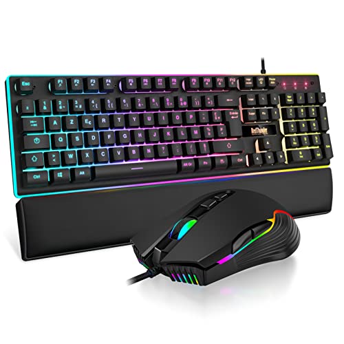 RedThunder K10 Ensemble Gaming Clavier et Souris Gamer USB, AZERTY FRANÇAIS + Repose-Poignets, Clavier Anti-Ghosting Rétroéclairé RVB et 7200 DPI Avec Souris Ergonomique Pour Les Joueurs (Noir) von RedThunder
