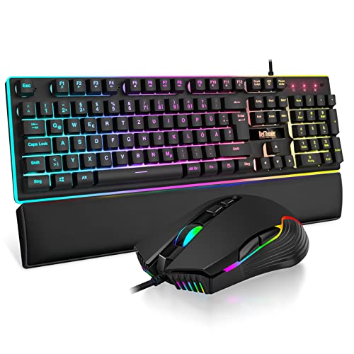 RedThunder K10 Gaming Tastatur und Maus Set, QWERTZ DE-Layout, Metallplatte und Handballenauflager,RGB-Hintergrundbeleuchtung und 7D mit Ergonomische für PC Gamer(Schwarz) von RedThunder