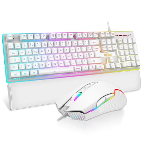 RedThunder K10 GamingTastatur und Maus, französisches AZERTY + Handballenauflage, GamingTastatur, AntiGhosting mit RGBHintergrundbeleuchtung und 7200 DPI mit ergonomischer GamingMaus für Spieler von RedThunder