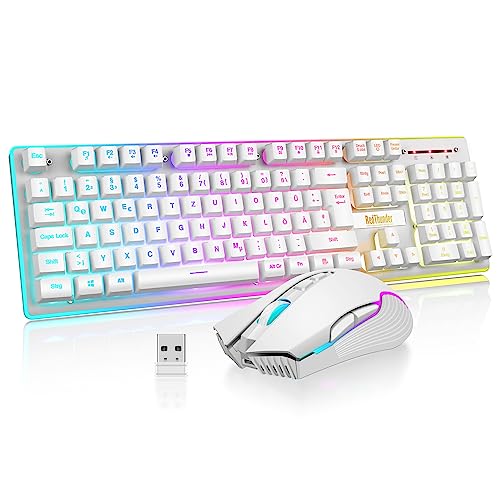 RedThunder K10 Wireless Gaming Keyboard and Mouse Set, QWERTZ DE Layout LED Backlight, 3000 mA Battery Capacity and 3200 DPI for Gamers (White) von RedThunder