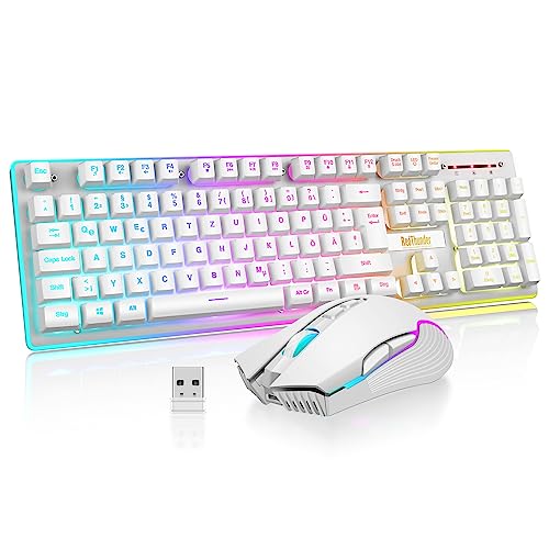 RedThunder K10 Kabelloses Gaming Tastatur und Maus Set, QWERTZ DE-Layout LED Hintergrundbeleuchtung, 3000mA Batteriekapazität und 3200 DPI für Gamer(Weiß) von RedThunder