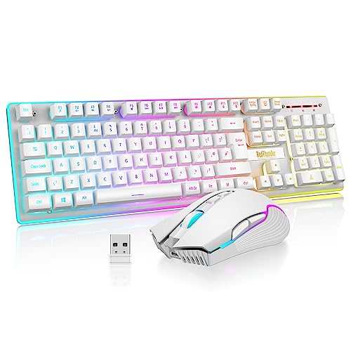 RedThunder K10 kabellose Gaming-Tastatur und Maus-Kombination, LED-Hintergrundbeleuchtung, britisches Layout, mechanische Tastatur + 7D 3200 DPI Mäuse für PC Gamer (weiß) von RedThunder