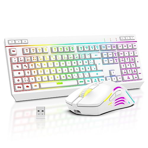 RedThunder K20 Kabelloses Gaming Tastatur und Maus Set, QWERTZ DE Layout, RGB Hintergrundbeleuchtung + Multimedia Funktionstasten, 4800DPI Kabelloses Maus für PC Mac Laptop(Weiß) von RedThunder