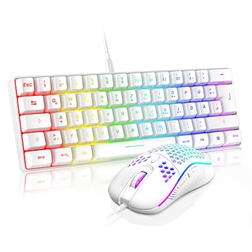 RedThunder 60% RGB Verkabelte Gaming Tastatur und Maus Set, 7200 DPI, Mini Gaming Tastatur, 62 Tasten, DE Layout, Ultraleichte Maus mit Wabenkonstruktion für PC MAC PS5 Xbox Gamer (Weiß). von RedThunder