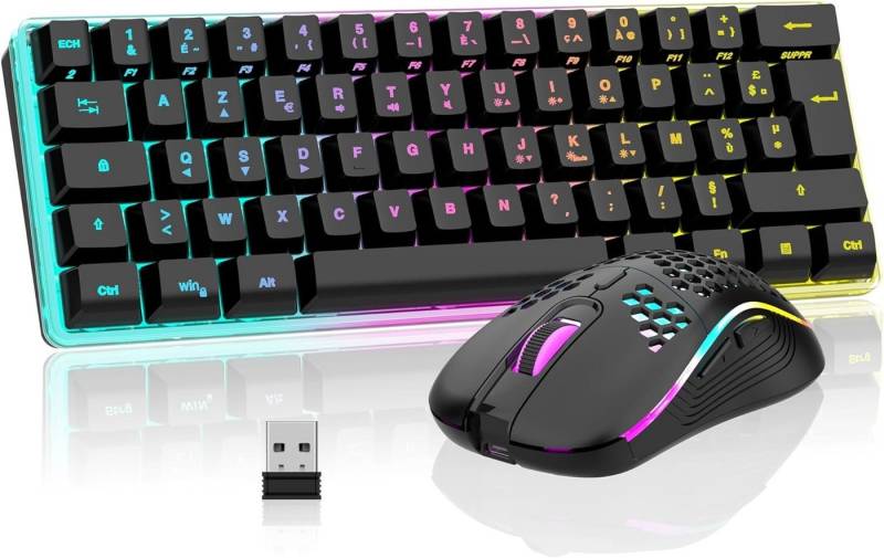 RedThunder K62 60 % kabellose Gaming RGB, AZERTY, französisches AZERTY Tastatur- und Maus-Set, 62 Tasten, Mini-Tastatur mit Hintergrundbeleuchtung, ultra-kompakt von RedThunder