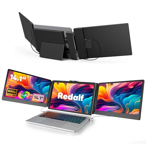 Redalf Laptop-Bildschirmverlängerung, 35,6 cm (14 Zoll), 1080P FHD, tragbarer Dreifach-Monitor, eingebauter Ständer und Dual-Lautsprecher, passend für 13-17 Zoll Laptop, USB-C/HDMI/USB-A, von Redalf
