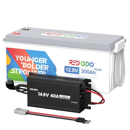 Redodo 12,8V 200Ah Plus LiFePO4 Lithium Akku mit LiFePO4 Ladegerät 14,6V 40A, Wiederaufladbare Lithium-Batterie mit 4000+ Zyklen, Eingebaut 200A BMS, 10 Jahre Lebensdauer Perfekt für Wohnmobile von Redodo