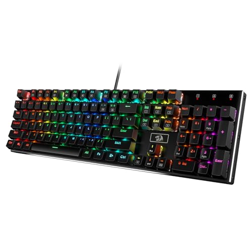 Redragon K556 Mechanische Gaming-Tastatur, US-Layout,18 Modus RGB-Beleuchtung, Voll Programmierbar, Ganzmetallpanel, Ergonomische Tastatur, Schwarz (Rote Schalter) von Redragon