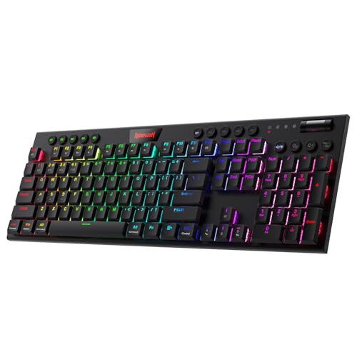 Redragon K618 Horus Mechanische RGB-Tastatur, Bluetooth/2.4ghz/kabelgebundene Tri-Mode Flache Tasten Gaming-Tastatur mit Kabelloser Verbindung, Dedizierter Mediensteuerung und Blaue Schalter von Redragon