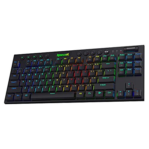 Redragon K621 TKL Kabellose mechanische RGB-Tastatur, 5,0 BT/2,4 GHz/kabelgebunden, 80% ultradünne Low-Profile-Tastatur mit dedizierter Mediensteuerung und klickenden blauen Schaltern, Schwarz von Redragon