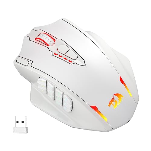 Redragon M913 kabellose Gaming-Maus, 16.000 DPI kabelgebundene/kabellose RGB-Gamer-Maus mit 16 programmierbaren Tasten, 45-Stunden-Akku und professionellem Sensor, 12 seitliche Tasten, MMO-Maus, Weiß von Redragon