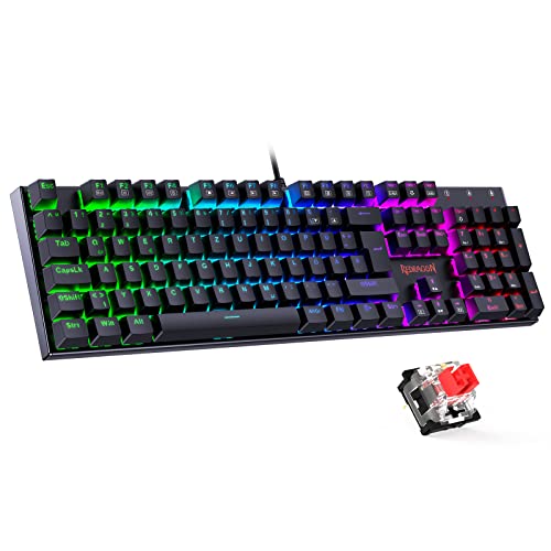 Redragon Mechanische Gaming Tastatur, QWERTZ Tastatur (Deutsches Layout) mit Rote Schalter für PC Gamer Arbeits, 105 Tasten Programmierbare Kabelgebundene Tastatur, Stahlgehäuse, RGB Beleuchtung von Redragon