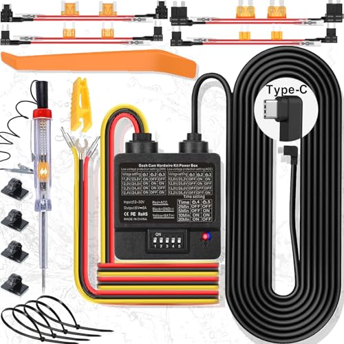 Dash Cam Hardwire Kit, USB C 3-Draht Dashcam Hardwire Kit 24h Parkmodus Dash Camera Charger Power Cord 3.5 m 12-24V to 5V/1-3A Low Voltage Protection with Fuse Tap for Dashcam, GPS, Radar (Type C) von Redsia
