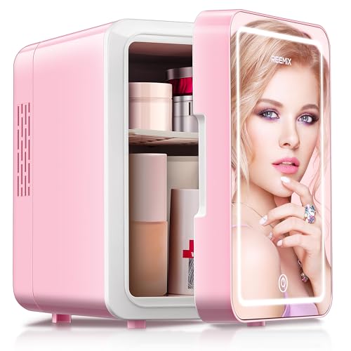 Reemix Mini-Kühlschrank, 4 Liter/6 Dosen, tragbarer Kühler und Wärmer persönlicher Kühlschrank für Hautpflege, Kosmetik, Getränke, Lebensmittel, ideal für Schlafzimmer, Büro, Auto (Kirschrosa) von Reemix